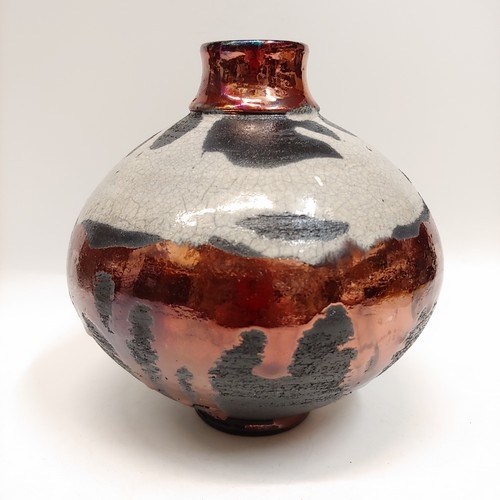 Click to view detail for #221189 Raku Vase Black/White/Copper 6x5 $22